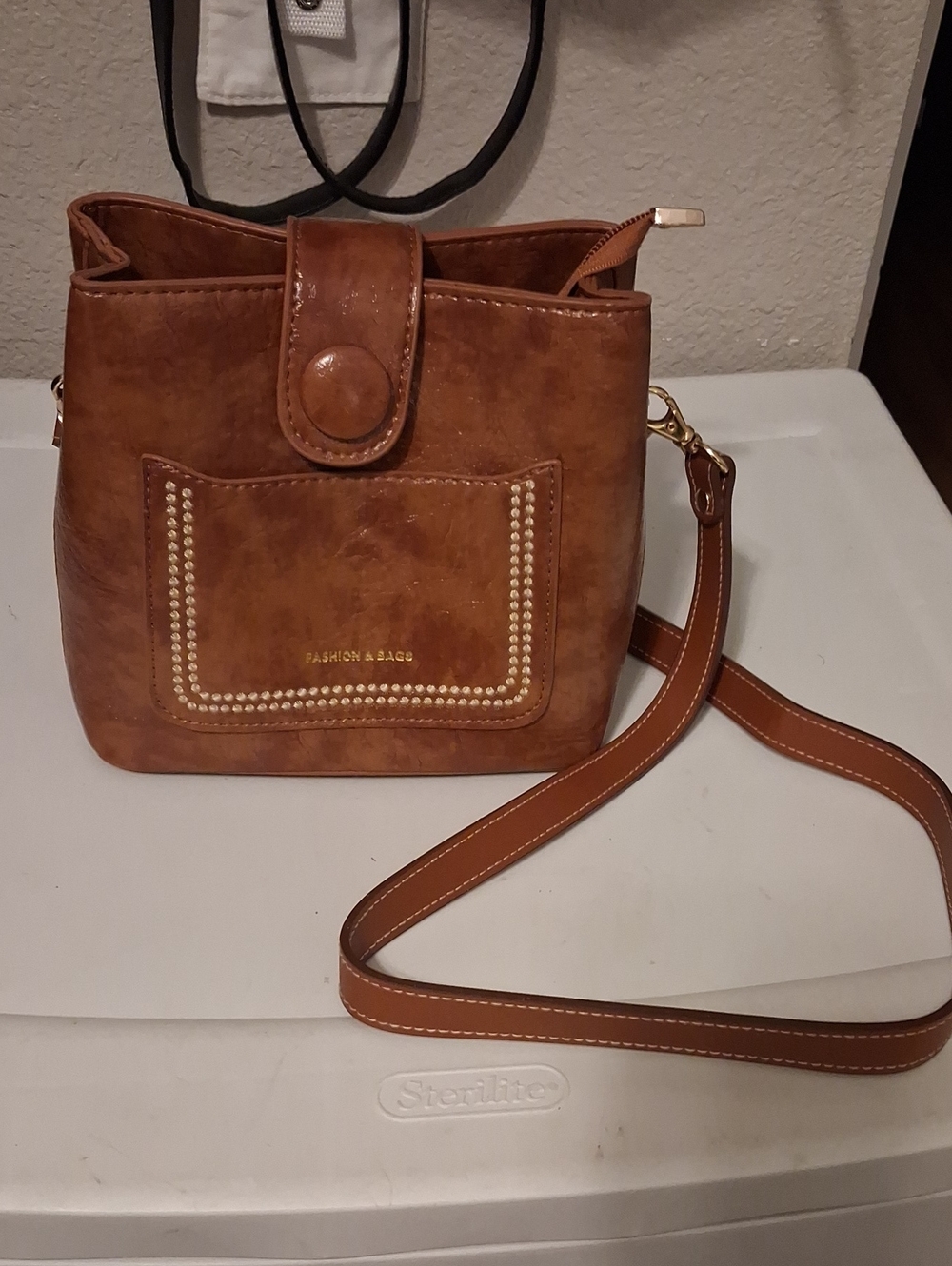Tan Faux-Leather Crossbody Bag with Studded Front Pocket